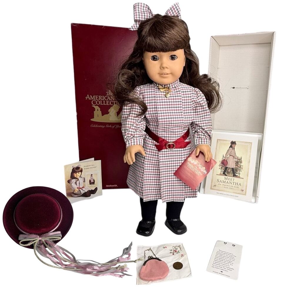 American Girl Samantha Doll Pleasant Co Meet Outfit Dress Tight Brooch Purse Box